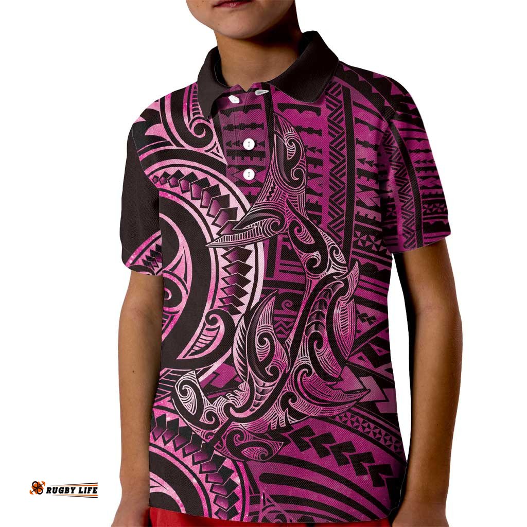New Zealand Hammerhead Shark Kid Polo Shirt Maori Haehae Mangopare Pink LT14