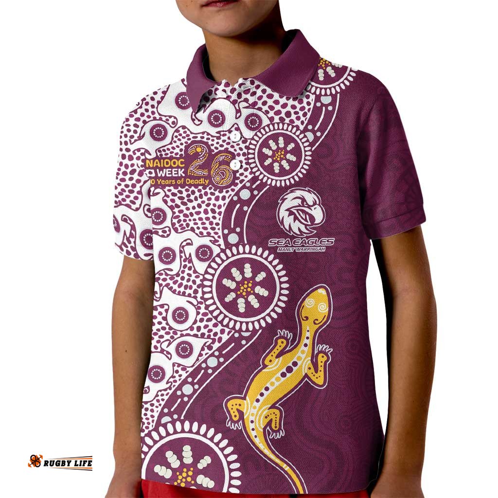 Manly Warringah Sea Eagles NAIDOC Week 2026 Kid Polo Shirt Aboriginal Lizard Dot Painting - 50 Years of Deadly TS04