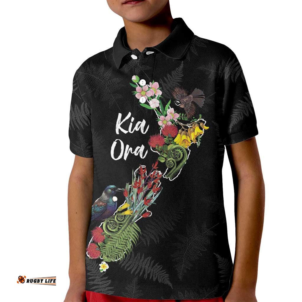 Kia Ora New Zealand Floral Personalized Kid Polo Shirt Black LT7
