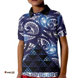 Matariki New Zealand Kid Polo Shirt NZ Niho Taniwha Maori New Year Blue Galaxy LT14