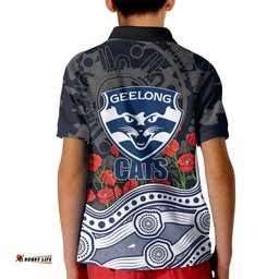 Geelong Cats ANZAC Day Kid Polo Shirt Indigenous Dot Art with Poppy Flower Tribute TS04