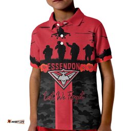 Personalised Essendon Football ANZAC Day Kid Polo Shirt Bombers Poppy Lest We Forget LT14