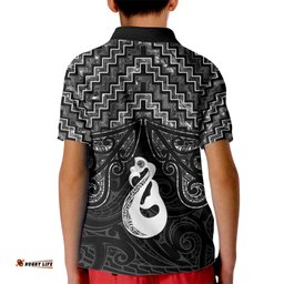 New Zealand Maori Kid Polo Shirt Poutama Manaia Black Paua Shell LT05