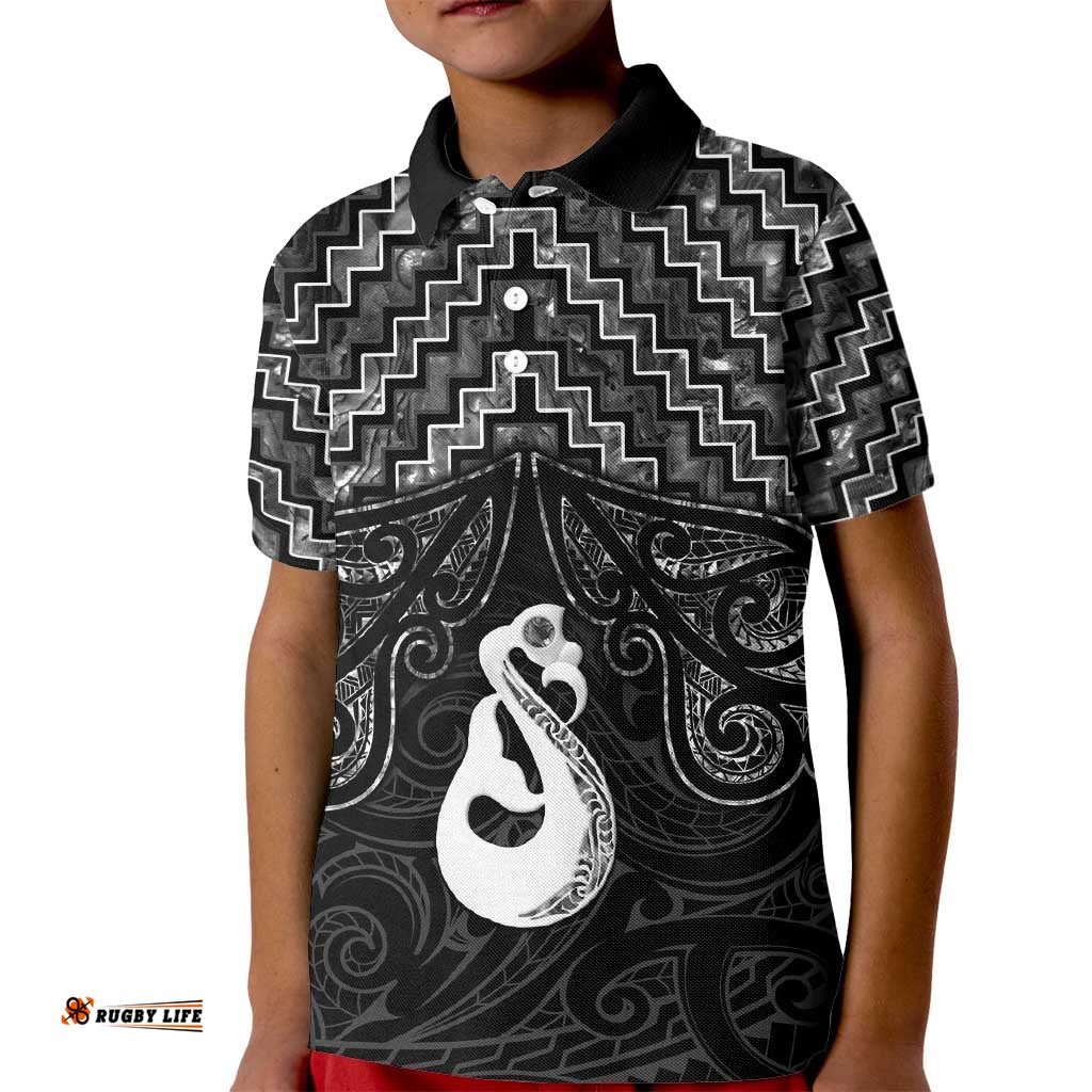 New Zealand Maori Kid Polo Shirt Poutama Manaia Black Paua Shell LT05