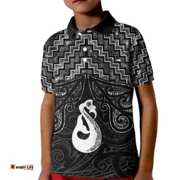 New Zealand Maori Kid Polo Shirt Poutama Manaia Black Paua Shell LT05