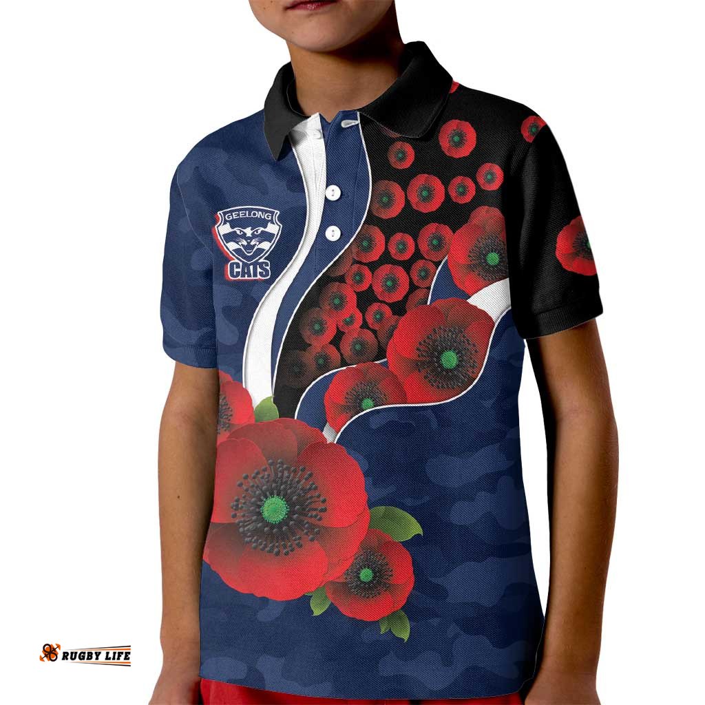 Geelong Cats ANZAC Personalised Kid Polo Shirt Lest We Forget Poppy Camo LT9