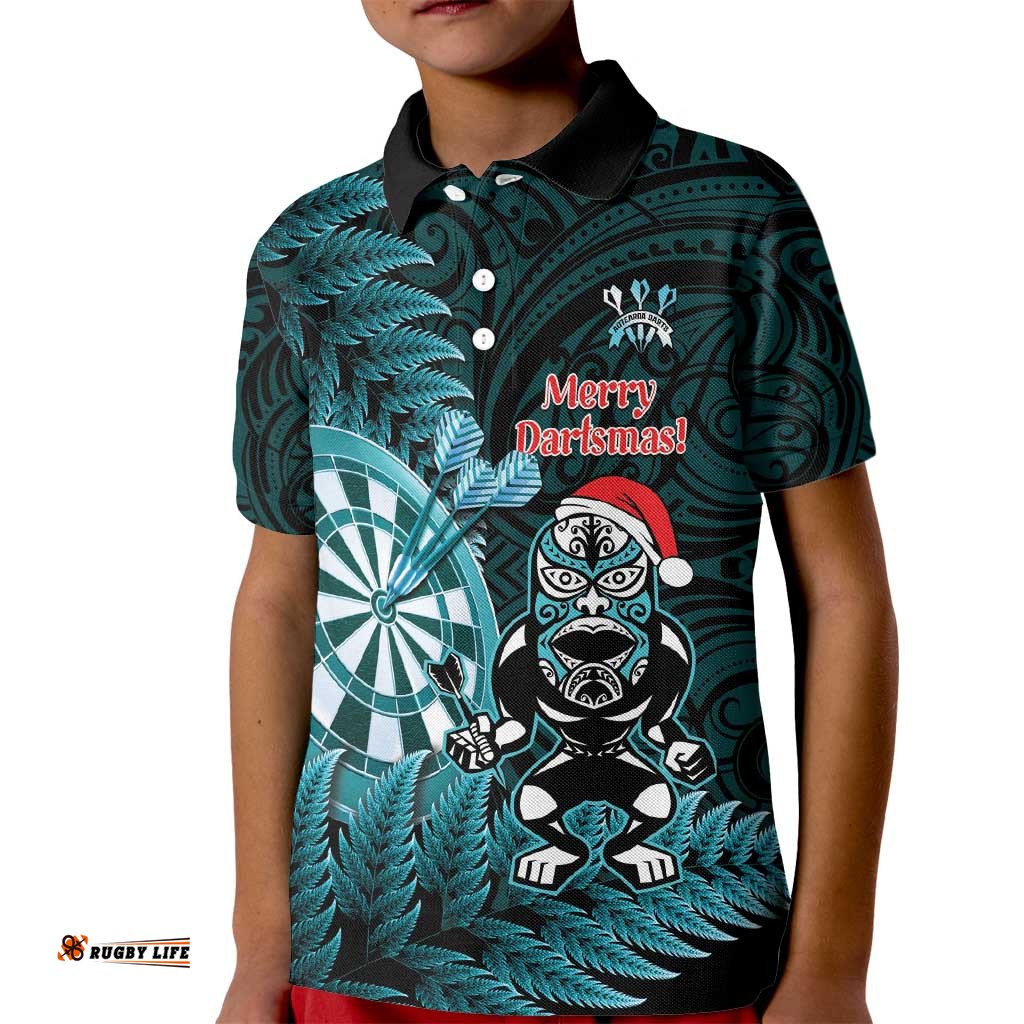Personalised New Zealand Darts Christmas Kid Polo Shirt Maori Fern Merry Dartsmas LT14