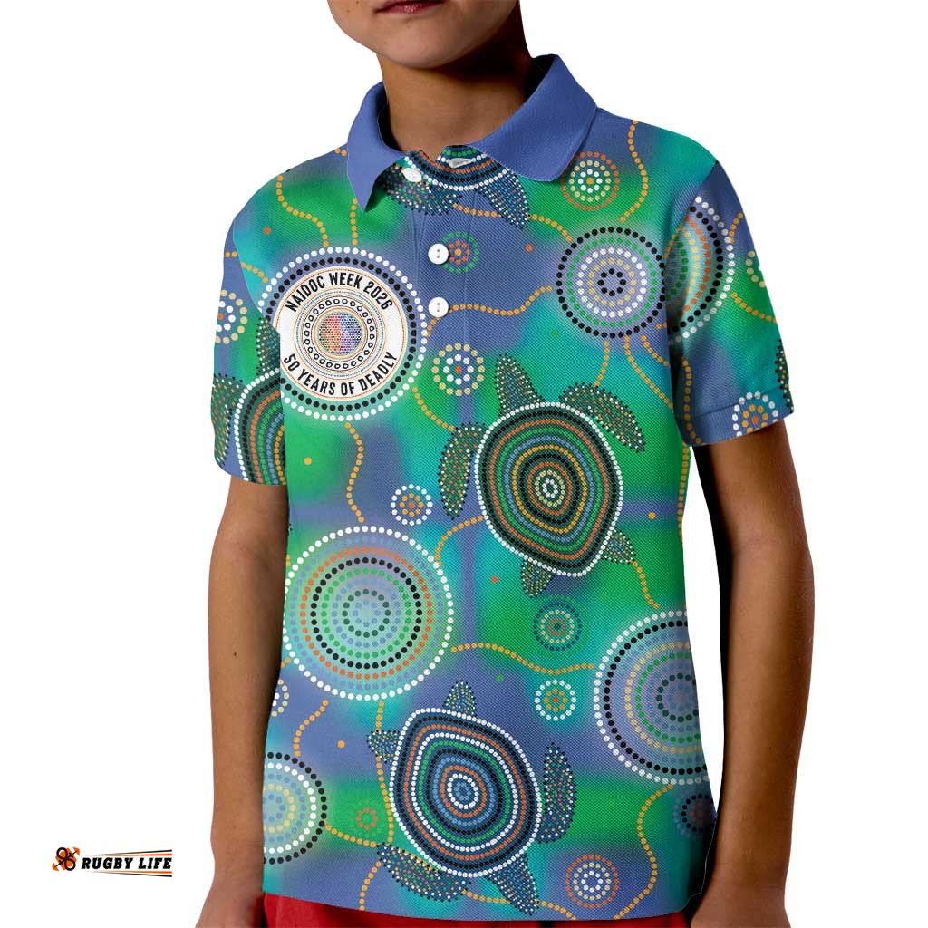 NAIDOC 50 Years of Deadly Kid Polo Shirt Sea Turtle Aboriginal Dot Art LT19