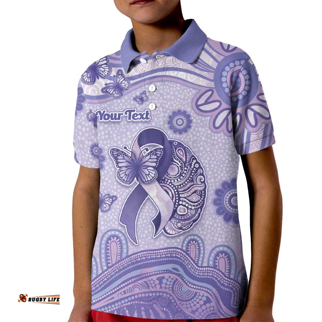 Personalised Epilepsy Awareness Kid Polo Shirt Purple Ribbon Butterfly And Brain Aboriginal Art DT05