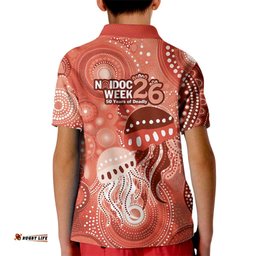 NAIDOC Deadly 50 Years Kid Polo Shirt Jellyfish Aboriginal Culture Inspired Red LT9