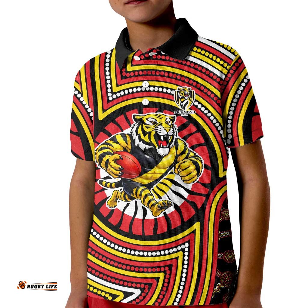Richmond Football Club Kid Polo Shirt Indigenous Monochrome Dot Art Mascot Style TS04
