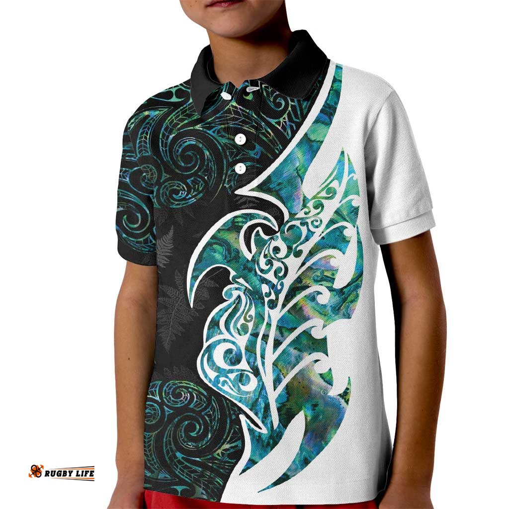 Proud Aotearoa Kid Polo Shirt Maori Silver Fern Mix Paua Shell Pattern LT14