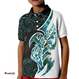 Proud Aotearoa Kid Polo Shirt Maori Silver Fern Mix Paua Shell Pattern LT14