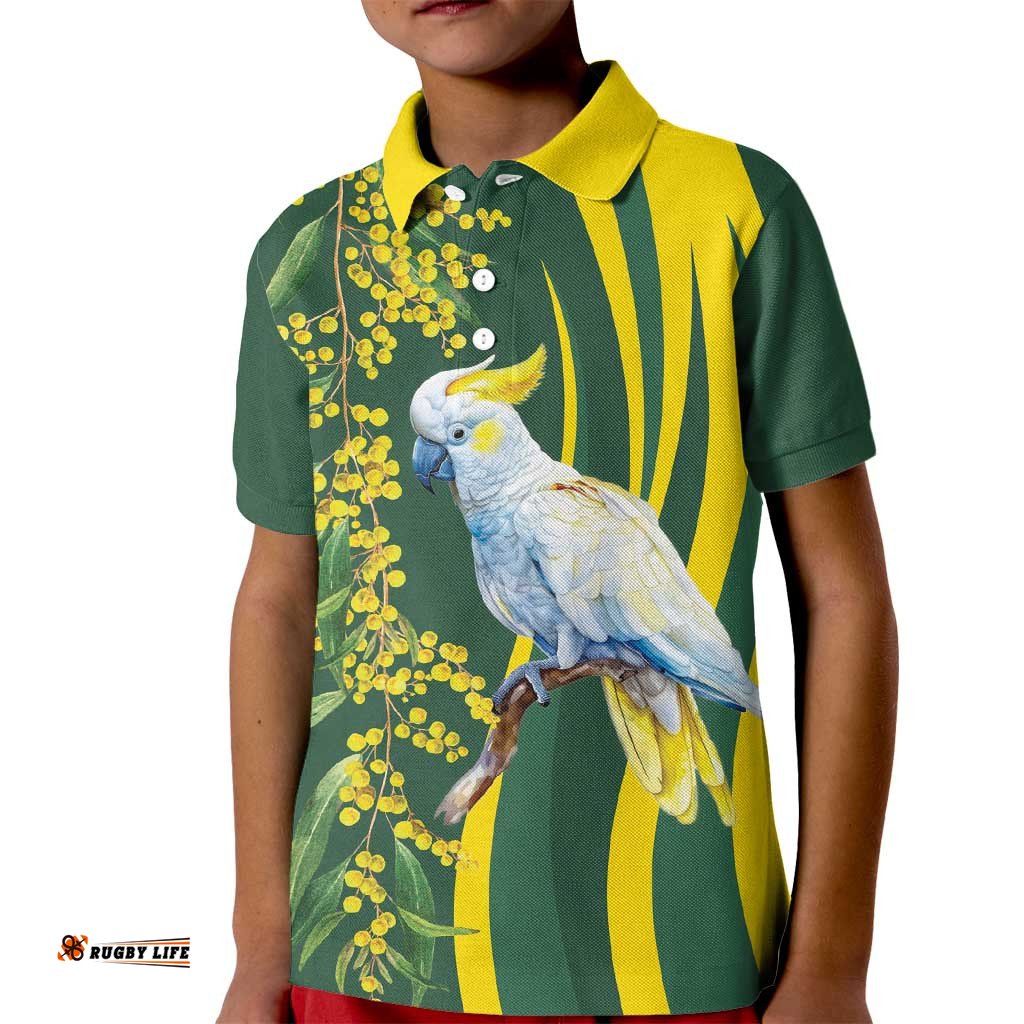 White Cockatoo and Golden Wattle Kid Polo Shirt Australian Native Bird LT9
