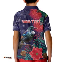 Tui Meri Kirihimete Personalised Kid Polo Shirt Pohutukawa Flowers Blue Motif LT9