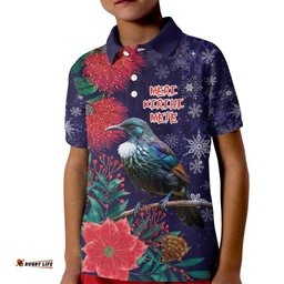 Tui Meri Kirihimete Personalised Kid Polo Shirt Pohutukawa Flowers Blue Motif LT9