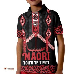 Toitu Te Tiriti Waitangi Kid Polo Shirt Black Wharenui House LT9