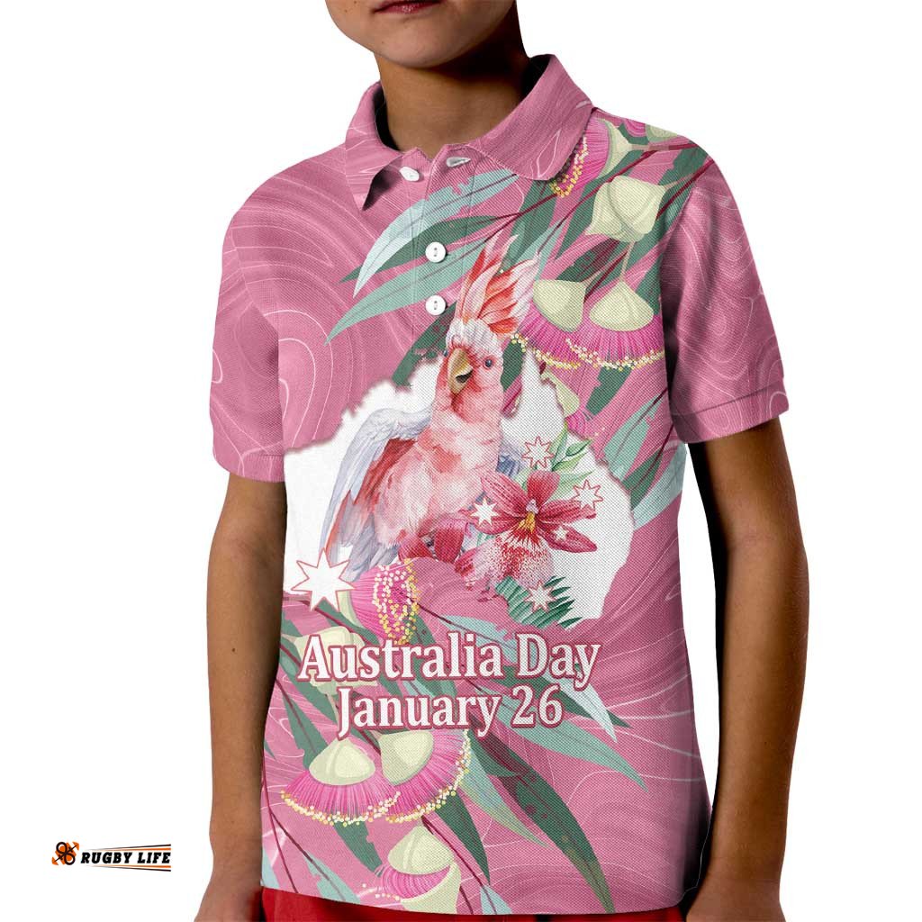 Pink Cockatoo Australia Day Kid Polo Shirt Proud To Be An Aussie Opal Eucalyptus Blossoms LT14