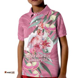 Pink Cockatoo Australia Day Kid Polo Shirt Proud To Be An Aussie Opal Eucalyptus Blossoms LT14