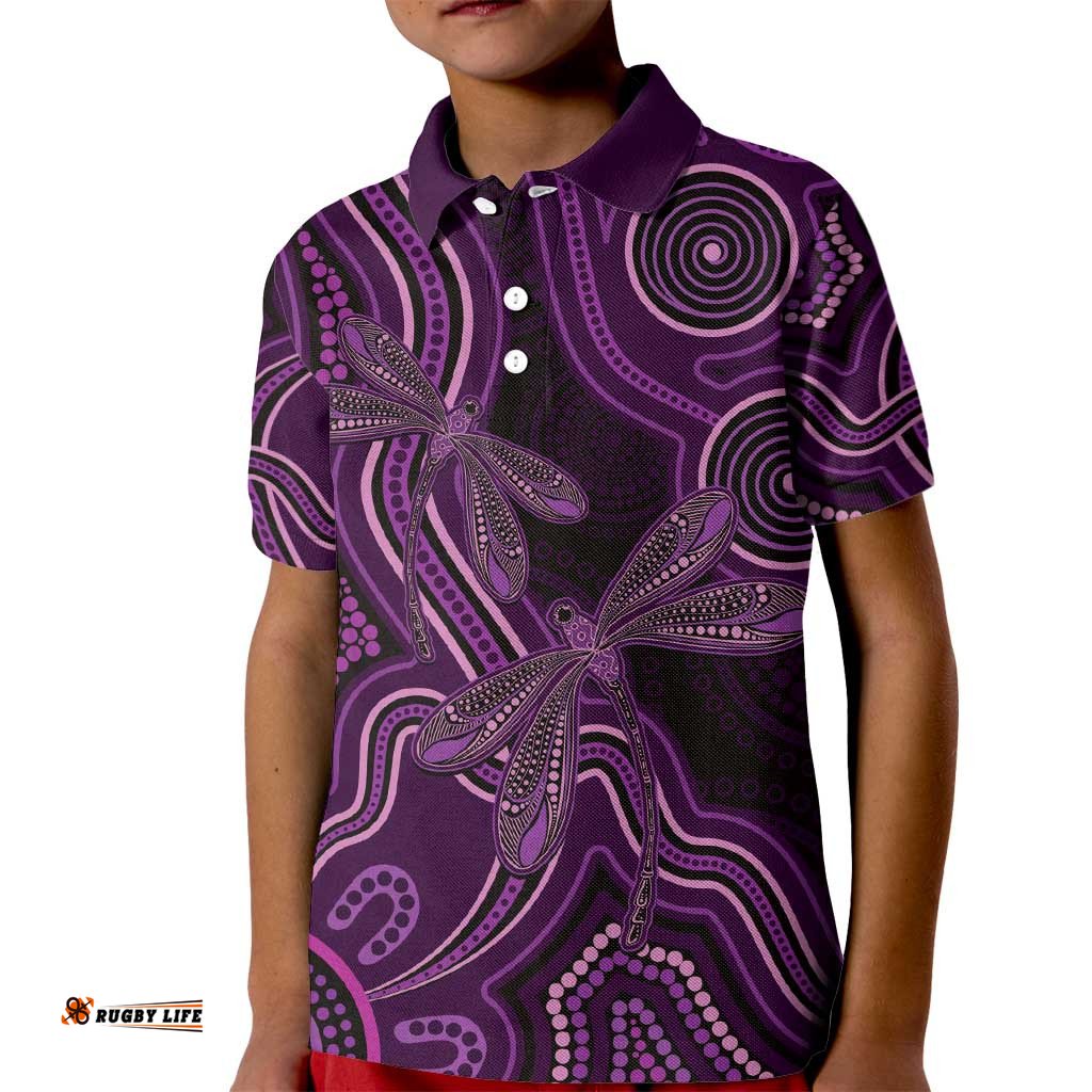 Purple Indigenous Dragonfly Australia Kid Polo Shirt Aboriginal Art LT14