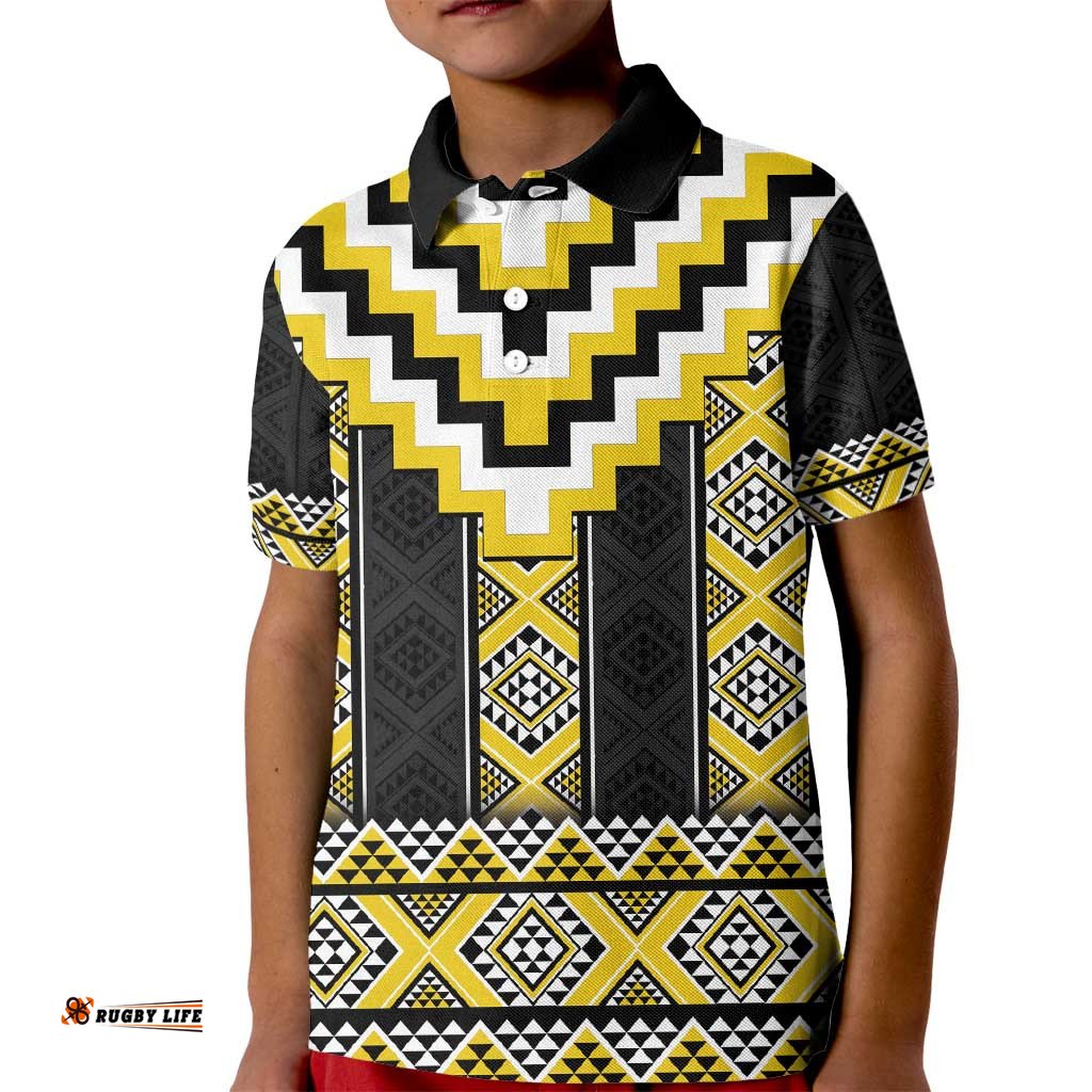 Yellow Taniko Aotearoa Kid Polo Shirt Niho Taniwha Mix Poutama LT14