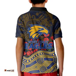 West Coast Eagles ANZAC Day Kid Polo Shirt Indigenous Dot Art with Poppy Flower Tribute TS04