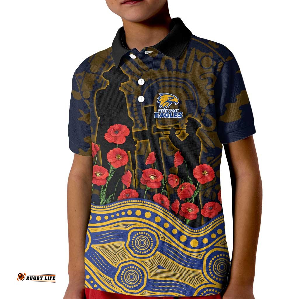 West Coast Eagles ANZAC Day Kid Polo Shirt Indigenous Dot Art with Poppy Flower Tribute TS04