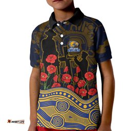 West Coast Eagles ANZAC Day Kid Polo Shirt Indigenous Dot Art with Poppy Flower Tribute TS04