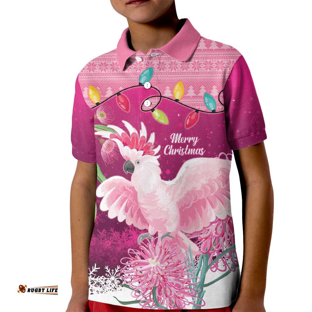 Pink Cockatoo Australia Christmas Kid Polo Shirt Grevillea Eucalyptus Blossoms LT14