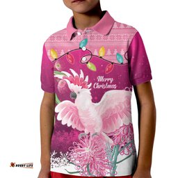 Pink Cockatoo Australia Christmas Kid Polo Shirt Grevillea Eucalyptus Blossoms LT14