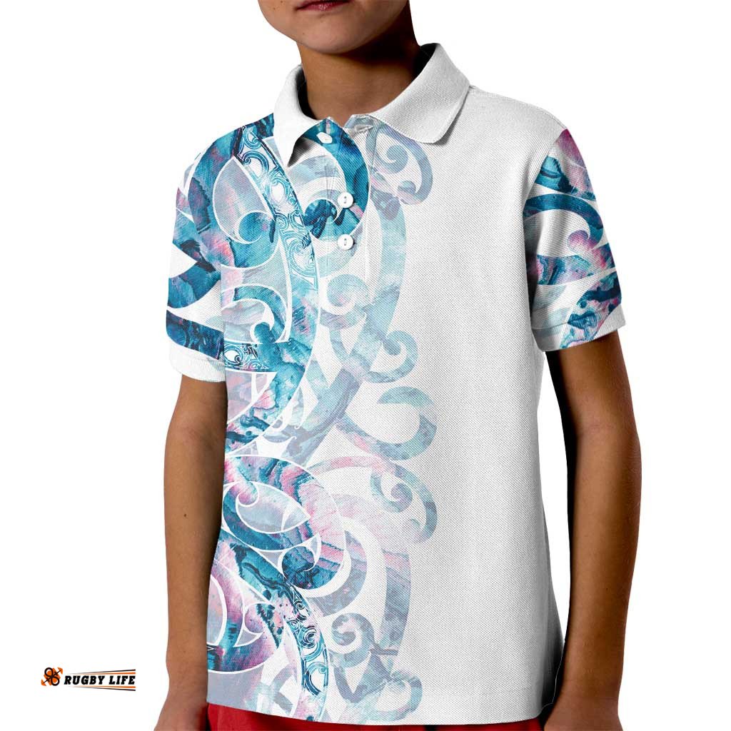 Turquoise Paua Shell Maori Kid Polo Shirt Koru Kowhaiwhai LT7