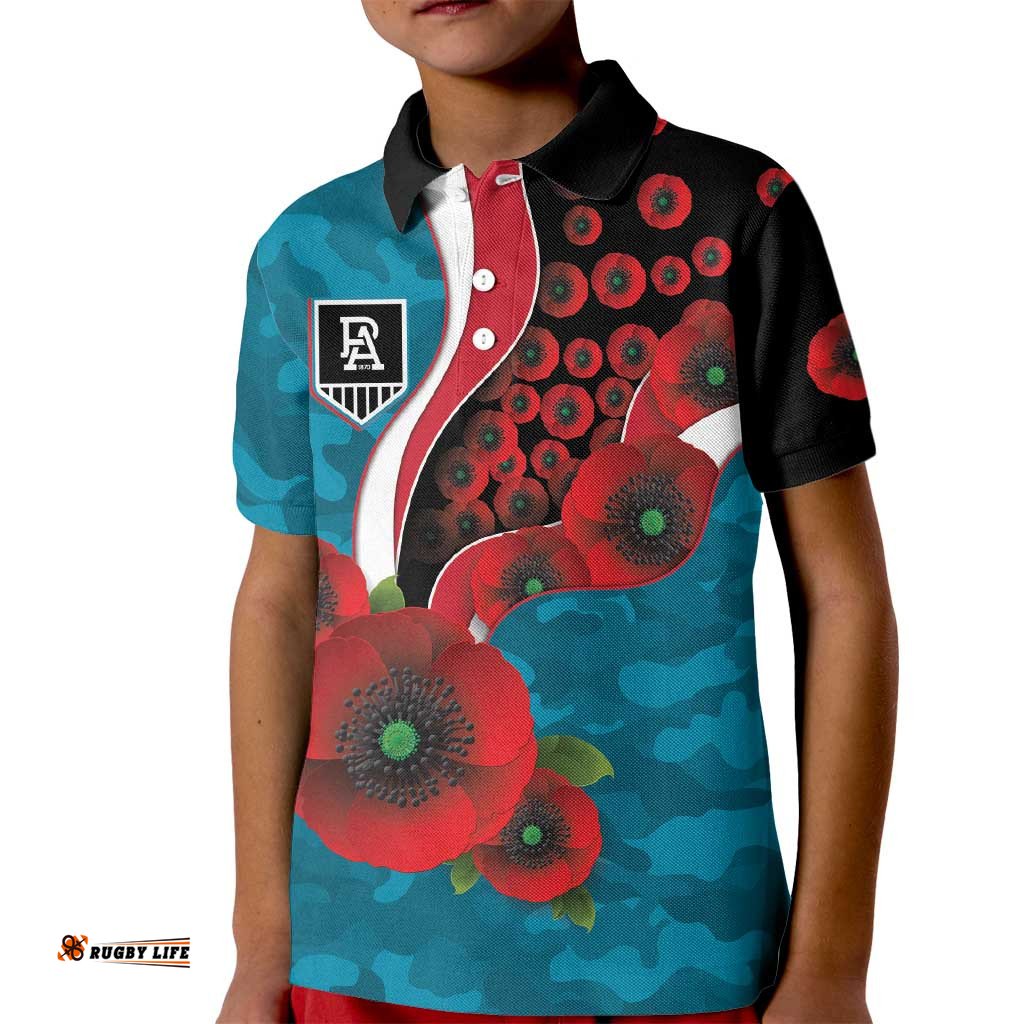 Port Power ANZAC Personalised Kid Polo Shirt Lest We Forget Poppy Camo LT9