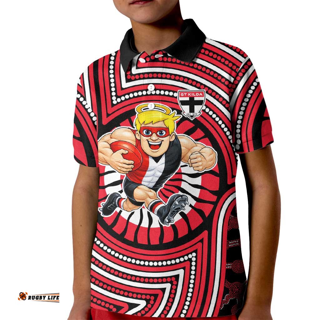 St Kilda Football Club Kid Polo Shirt Indigenous Monochrome Dot Art Mascot Style TS04