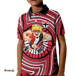 St Kilda Football Club Kid Polo Shirt Indigenous Monochrome Dot Art Mascot Style TS04