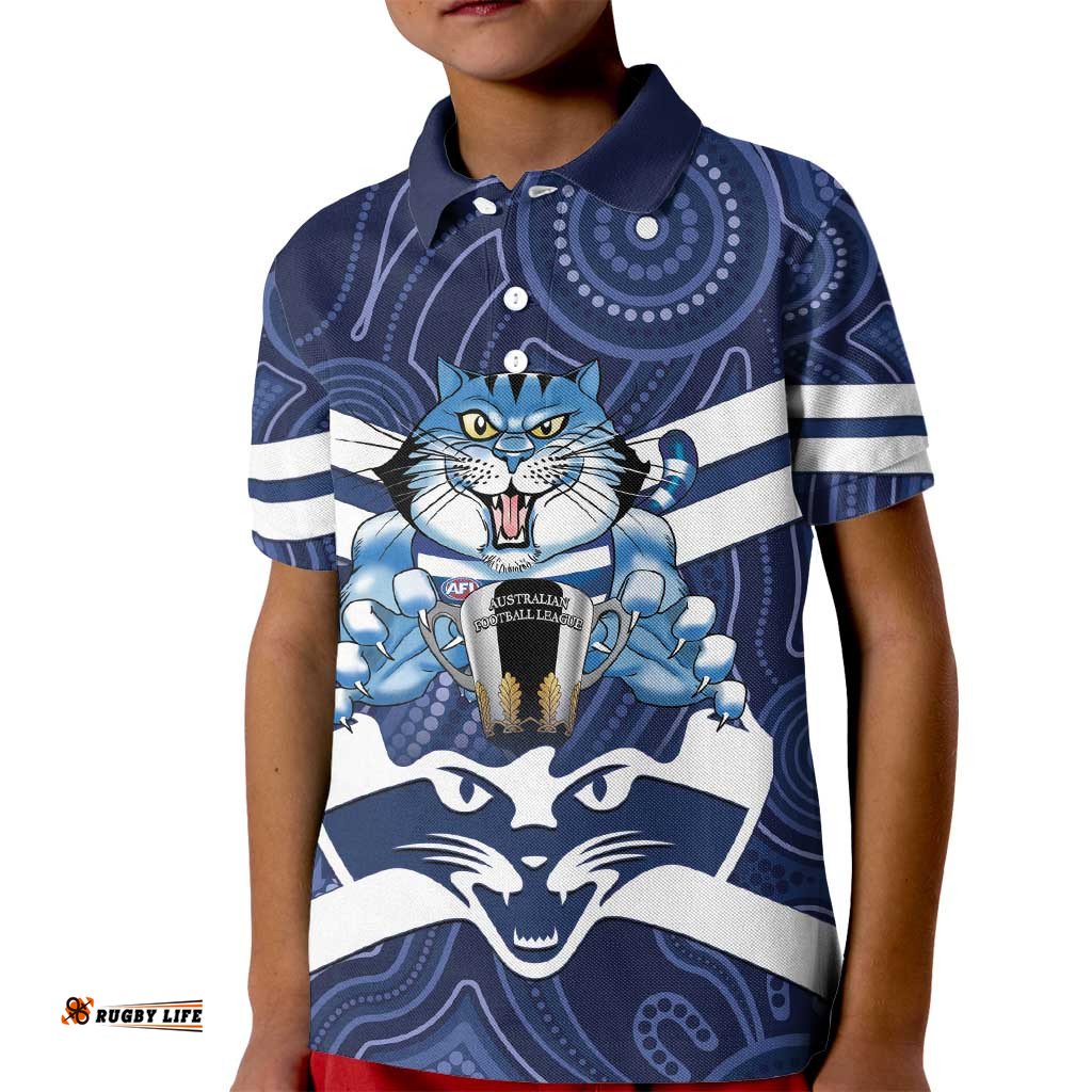 AFL Cats Football Personalised Kid Polo Shirt Final Geelong Premiers Trophy Aboriginal LT14