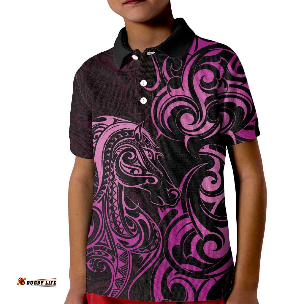 Pink Aoteara Horse Racing Kid Polo Shirt NZ Maori Pattern LT14