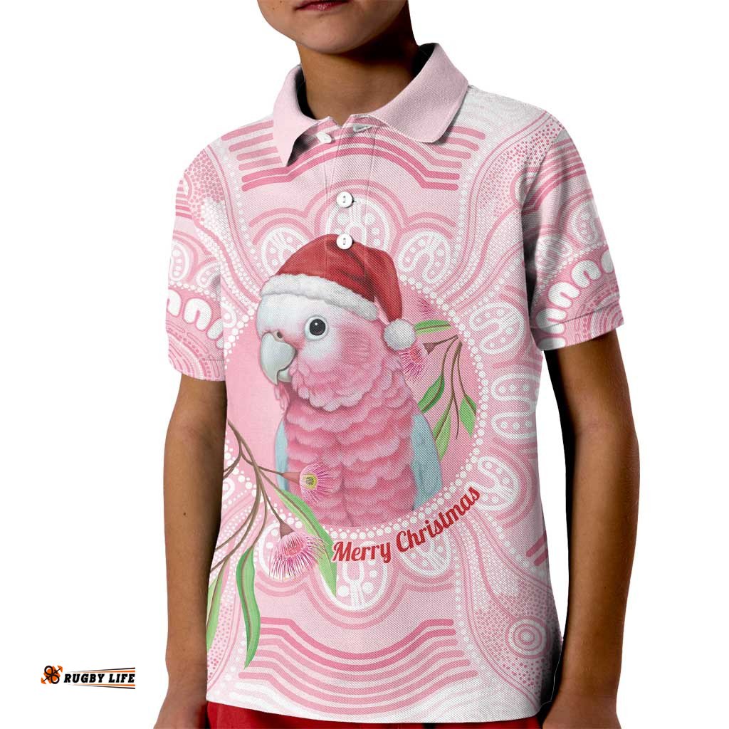 Funny Pink Galah Australia Christmas Kid Polo Shirt Eucalyptus Blossoms Aboriginal Art LT14