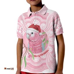 Funny Pink Galah Australia Christmas Kid Polo Shirt Eucalyptus Blossoms Aboriginal Art LT14