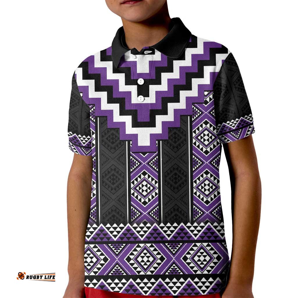 Purple Taniko Pattern Aotearoa Kid Polo Shirt Niho Taniwha Mix Poutama LT14