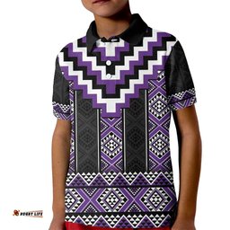 Purple Taniko Pattern Aotearoa Kid Polo Shirt Niho Taniwha Mix Poutama LT14