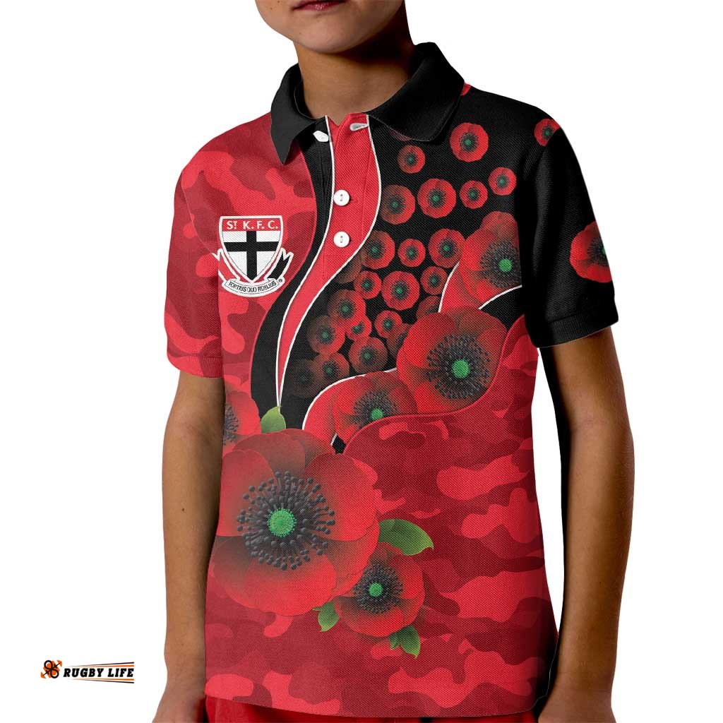 St Saints ANZAC Personalised Kid Polo Shirt Lest We Forget Poppy Camo LT9