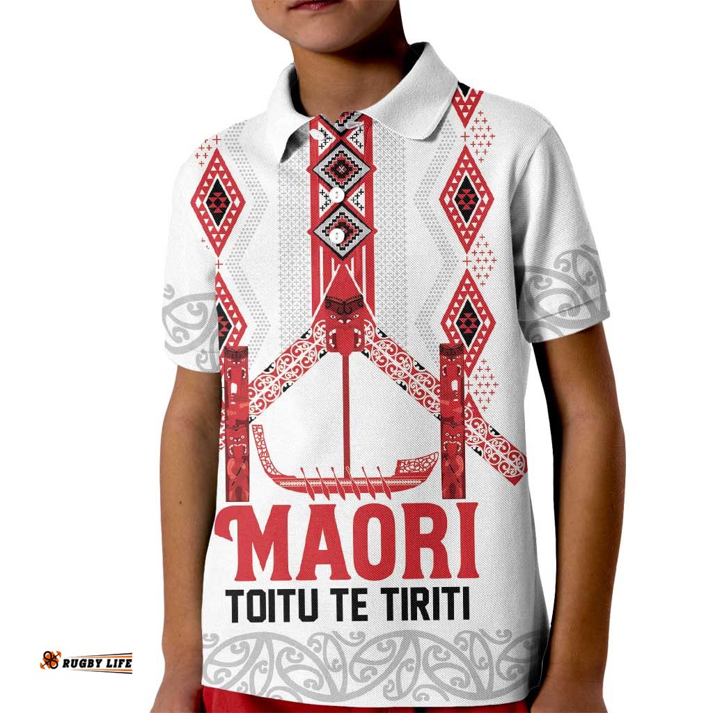 Toitu Te Tiriti Waitangi Kid Polo Shirt White Wharenui House LT9