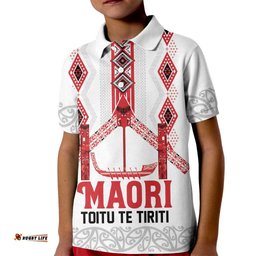 Toitu Te Tiriti Waitangi Kid Polo Shirt White Wharenui House LT9