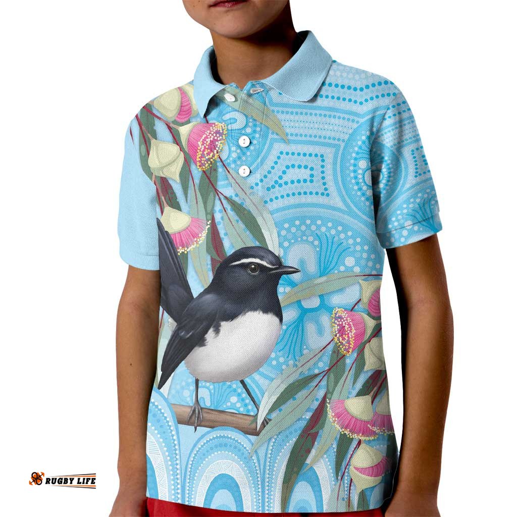 Willie wagtail Australia Kid Polo Shirt Eucalyptus Blossoms Aboriginal Art LT14