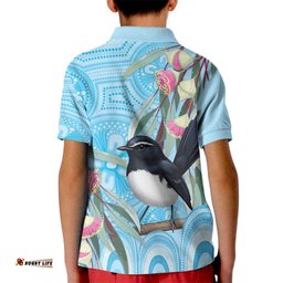 Willie wagtail Australia Kid Polo Shirt Eucalyptus Blossoms Aboriginal Art LT14