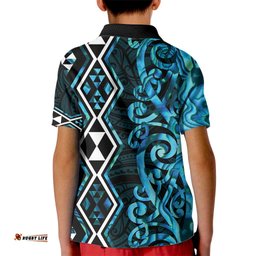 Turquoise Aotearoa Kid Polo Shirt Taniko Motifs With Paua Shell Kowhaiwhai LT14
