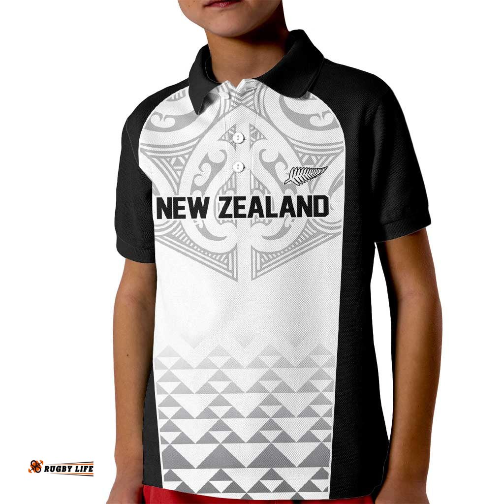 World Football 2026 New Zealand Custom Kid Polo Shirt All White Fern Maori Tribal LT9