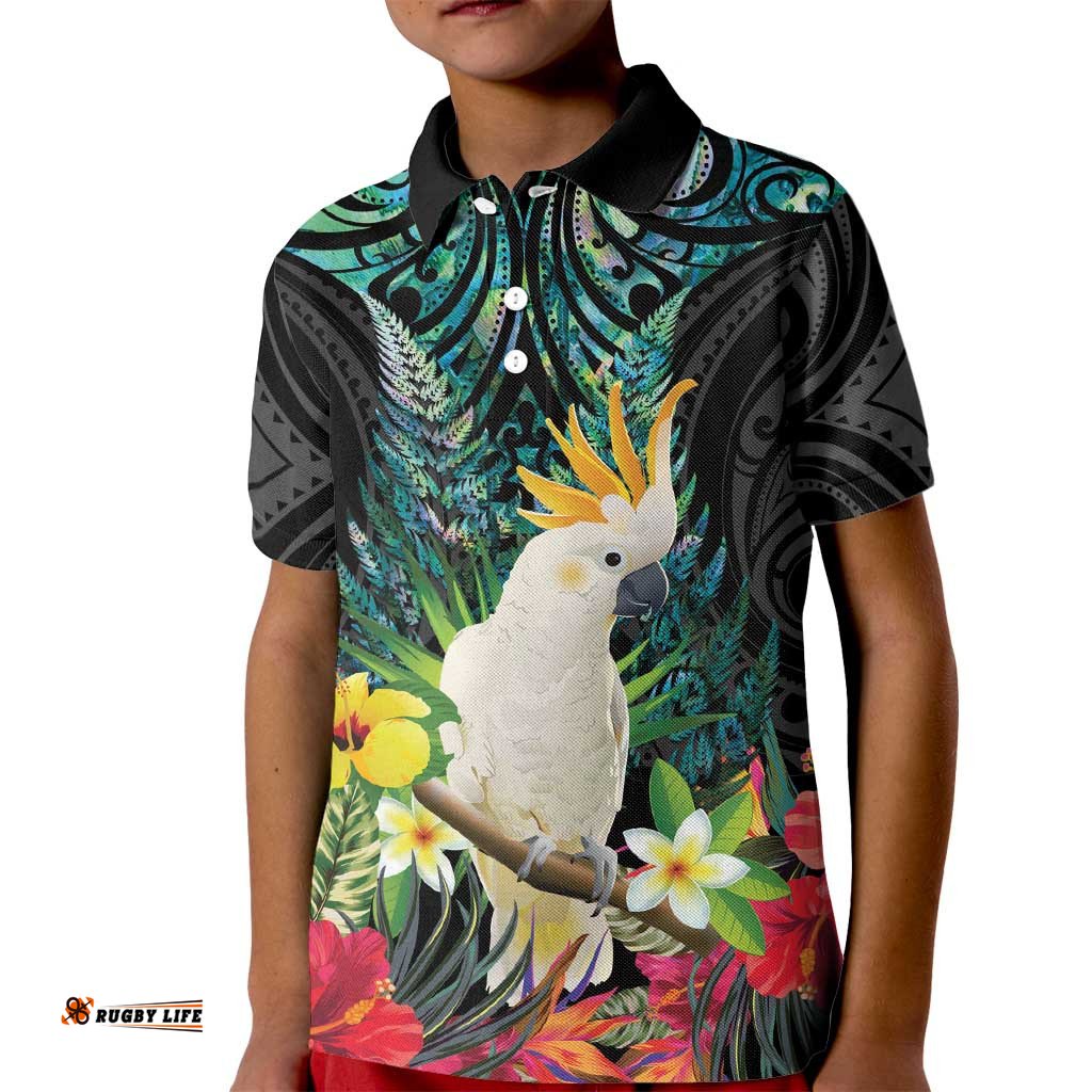 Sulphur-crested Cockatoo New Zealand Kid Polo Shirt Paua Shell Aotearoa Maori Tropical Flowers LT14