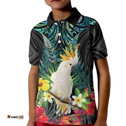 Sulphur-crested Cockatoo New Zealand Kid Polo Shirt Paua Shell Aotearoa Maori Tropical Flowers LT14