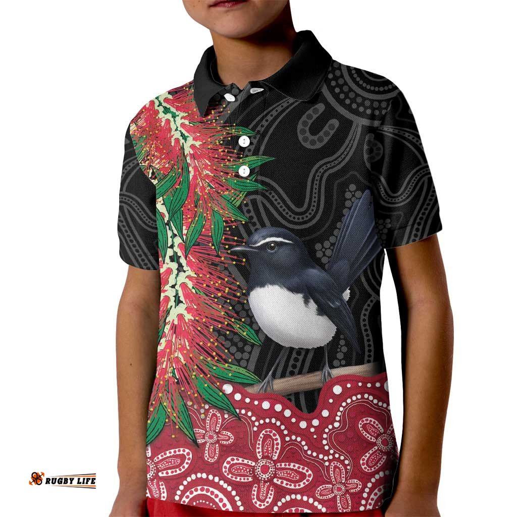 Willie wagtail Australia Kid Polo Shirt Aussie Bottlebrushes Aboriginal Art LT14